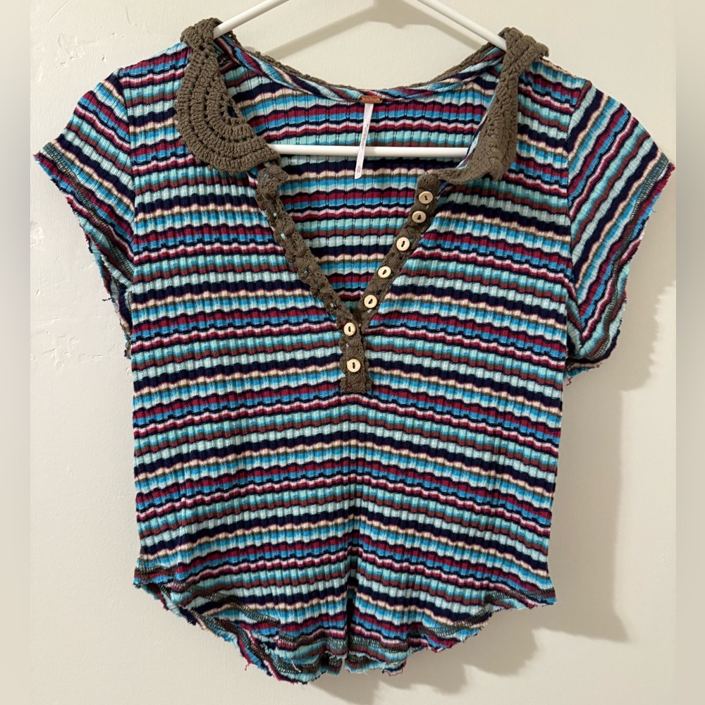 Free People Blue and White Smocked Button Down Shirt